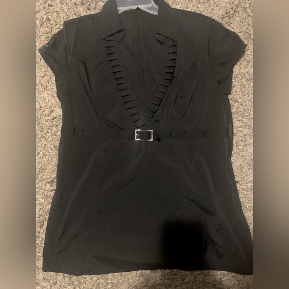 Express Black Short Sleeve V-Neck Blouse with Belt Detail